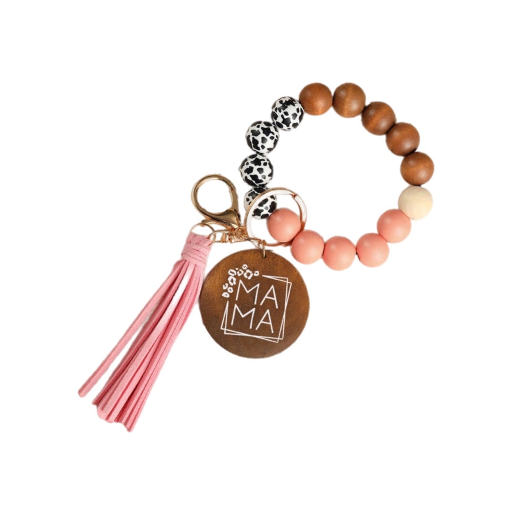 Pink, Wood &amp; Leopard Bead Mama Tassel | Bracelet Keychain