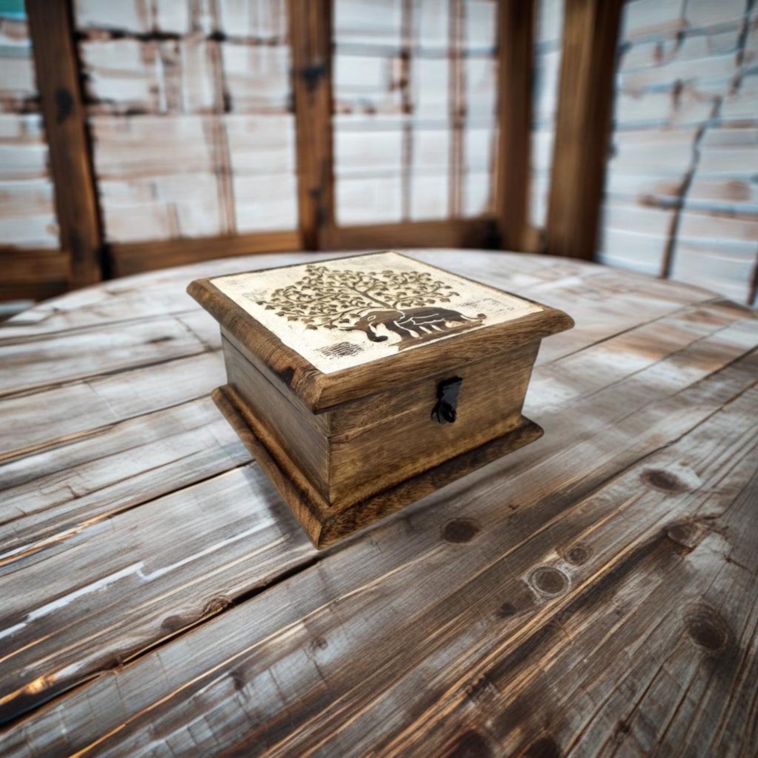 Hand-Carved Elephant Tree Wood Box | 7x7”