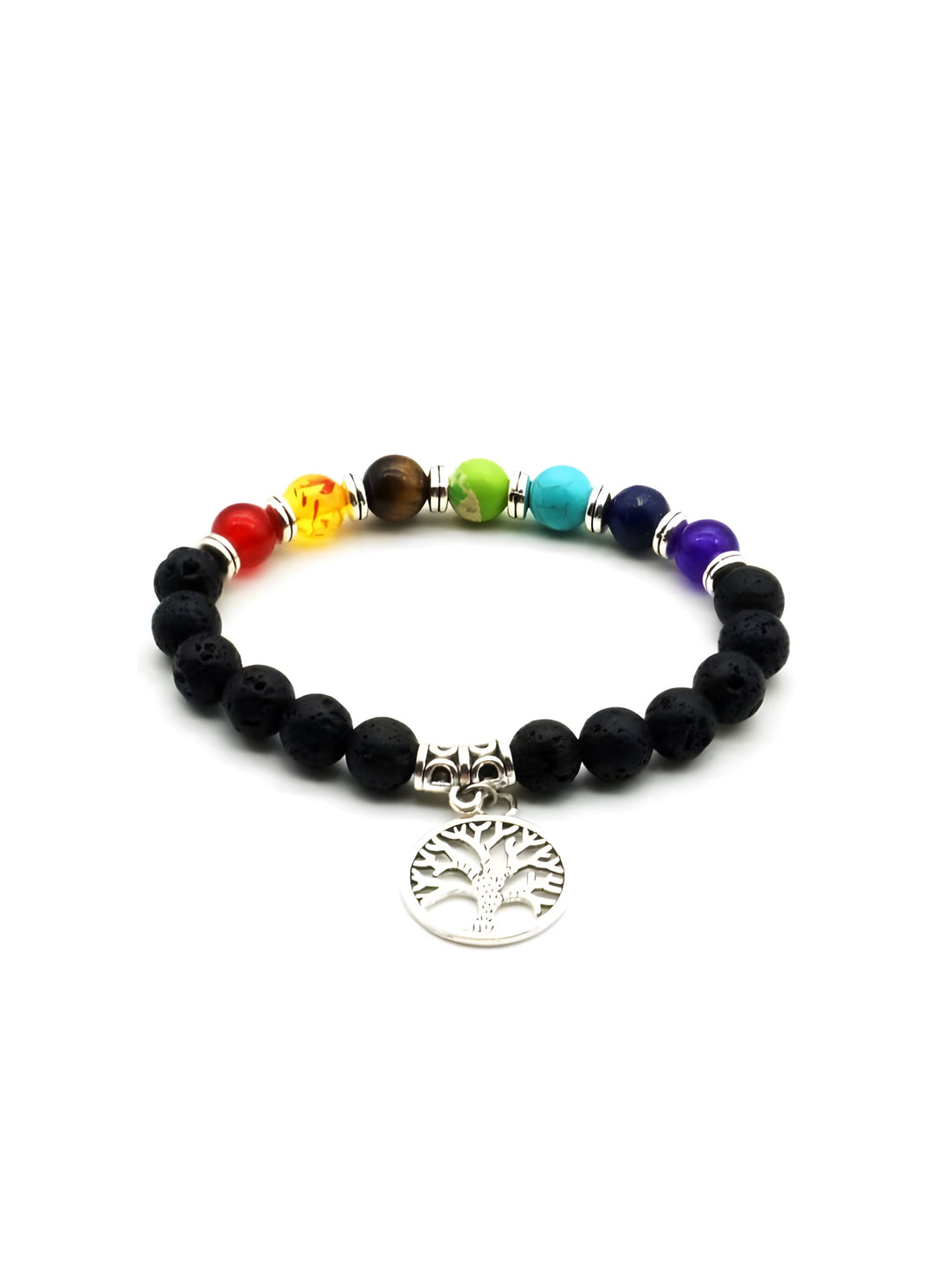 Seven Chakra Crystal &amp; Black Lava Stone | Essential Oil Bracelet | Tree of Life Charm - HartCentered