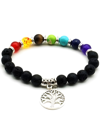 Seven Chakra Crystal &amp; Black Lava Stone | Essential Oil Bracelet | Tree of Life Charm - HartCentered