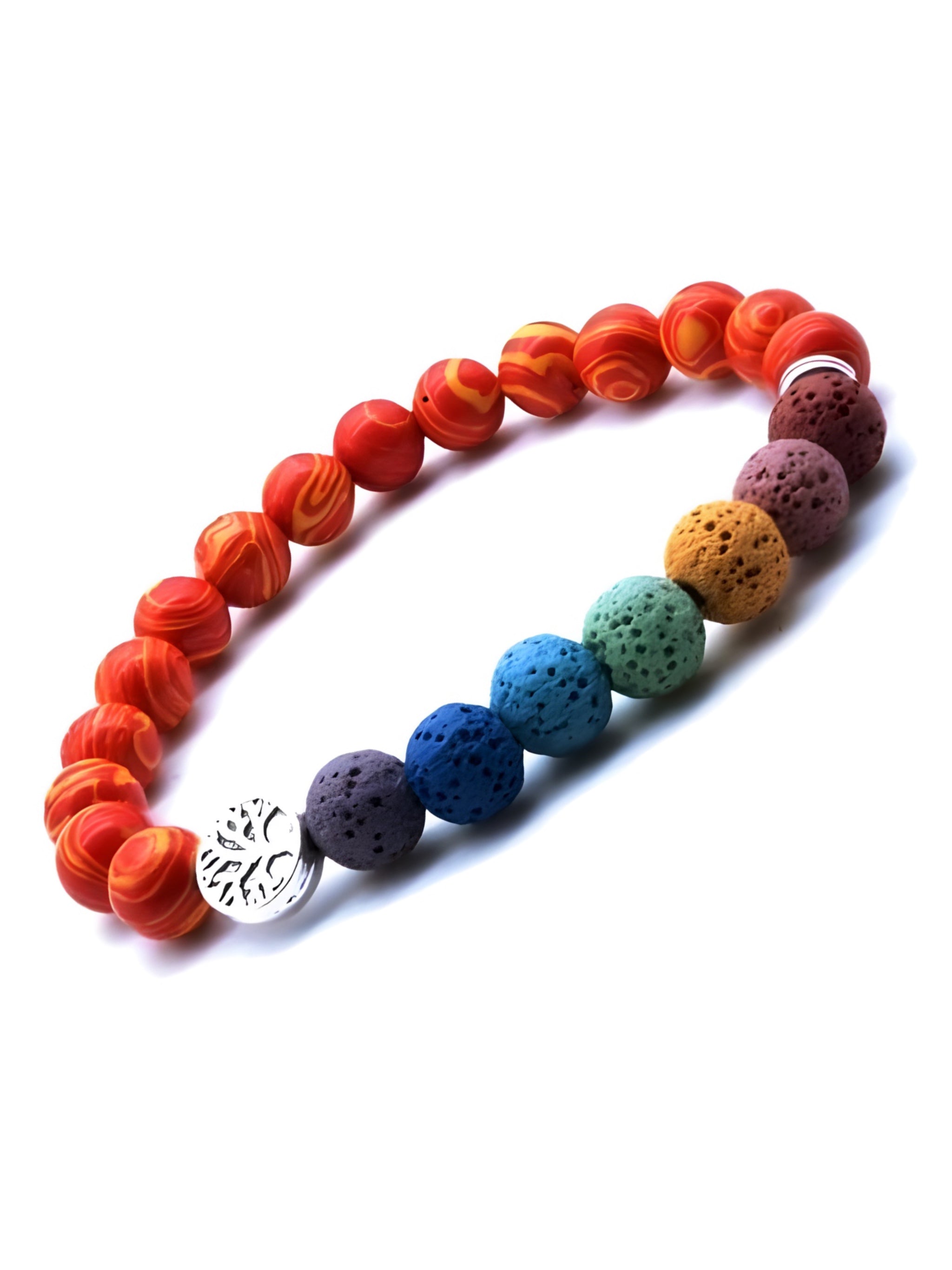 Red Marbled Beads &amp; Seven Chakra Lava Stone | Essential Oil Bracelet - HartCentered