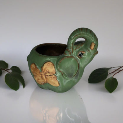 Green Elephant with Butterfly | Rustic Antique Flower Pot