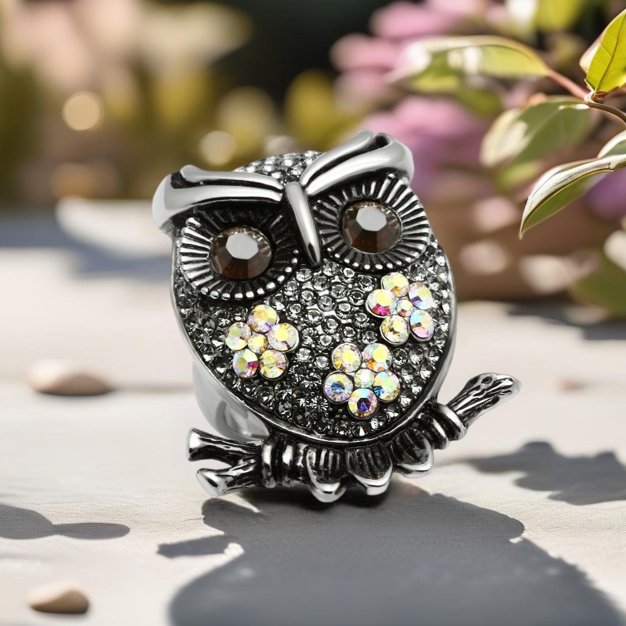 Smoky Quartz Owl Ring | Stainless Steel with Top Grade Crystal