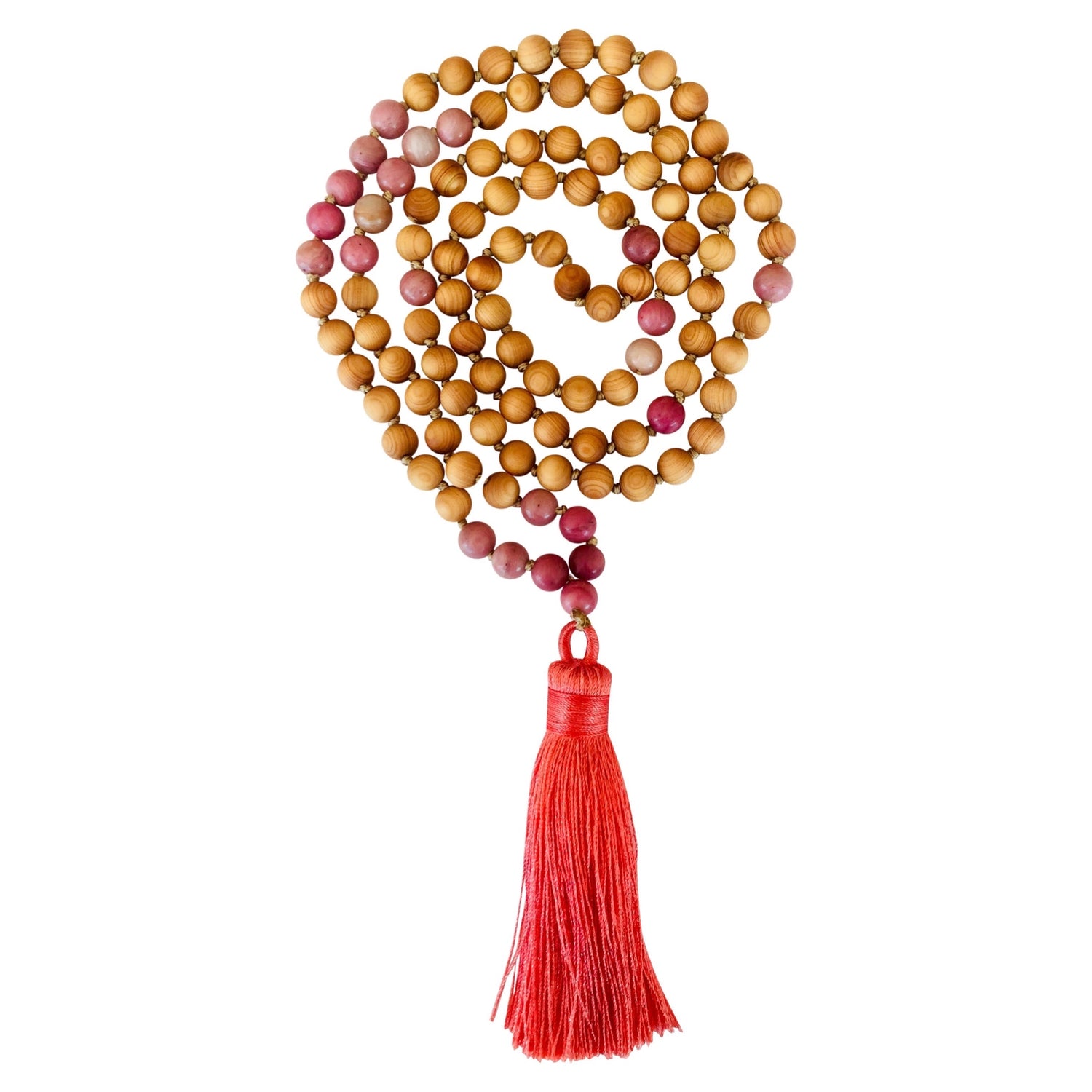 Sandalwood &amp; Rhodonite | Alchemist Mala | Prayer Beads | 108 Count | Japa Mala Tassel Necklace