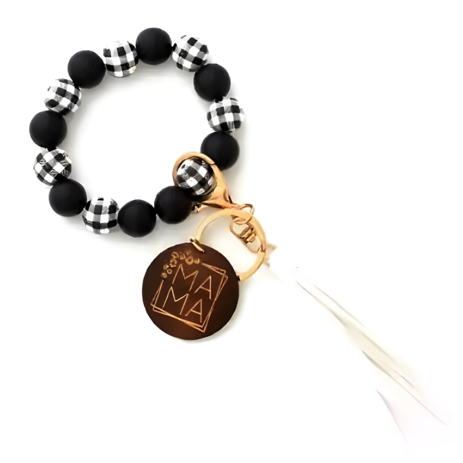 White Buffalo Plaid Mama Wood Bead Tassel | Bracelet Keychain