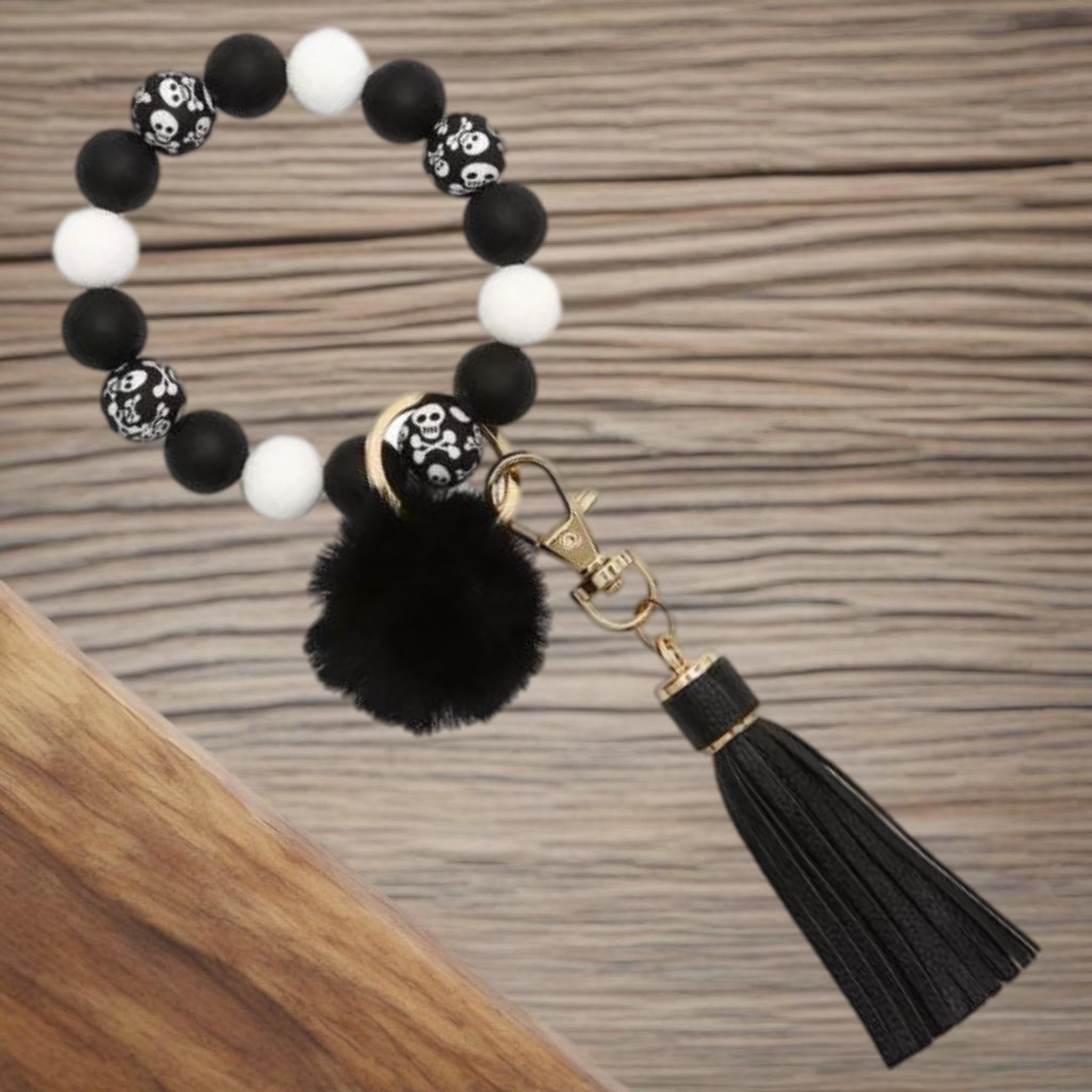 Skeleton Black &amp; White Silicone Bead Tassel / Pom Pom | Bracelet Keychain