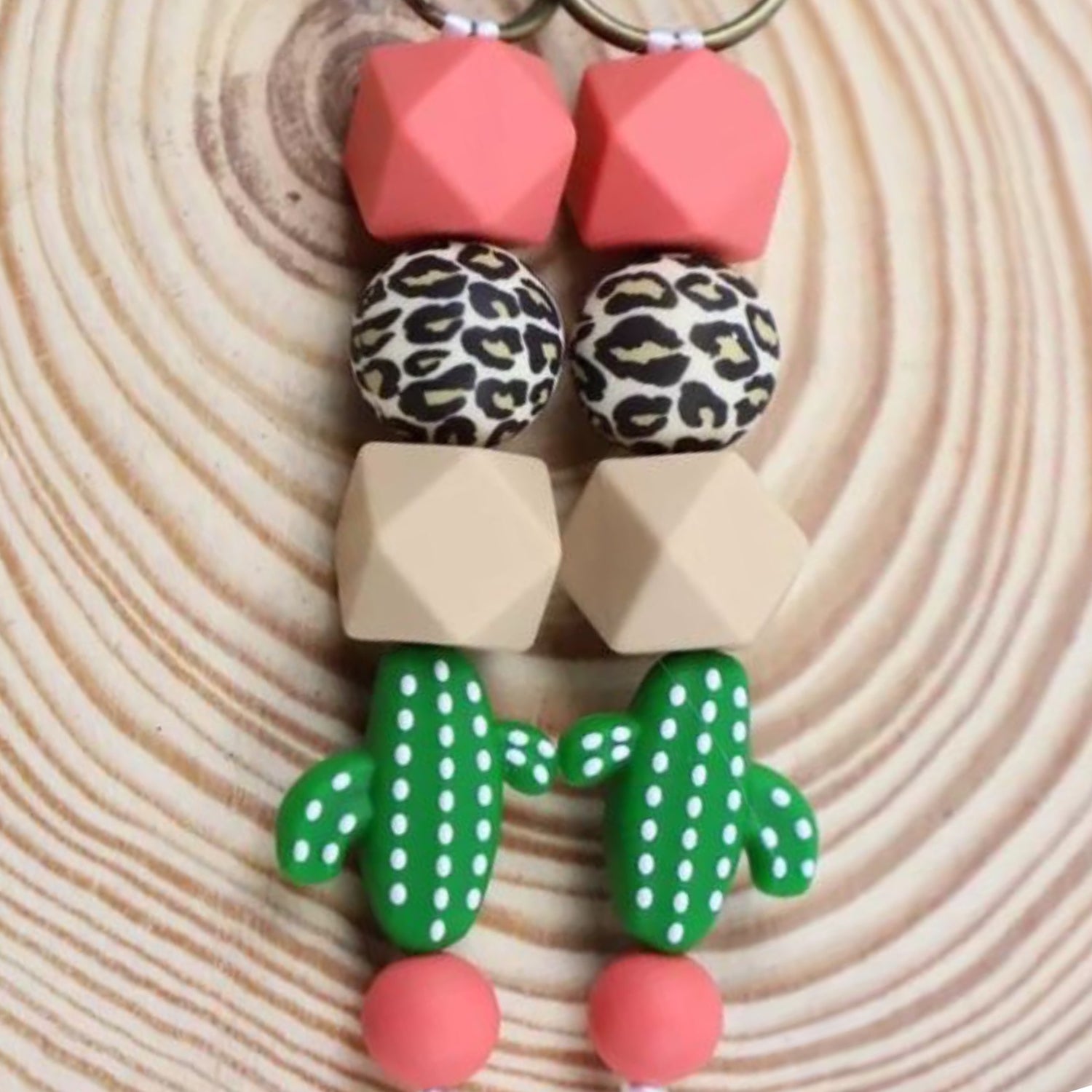 Stacked Cactus, Coral &amp; Leopard Print | Silicone Bead Keychain