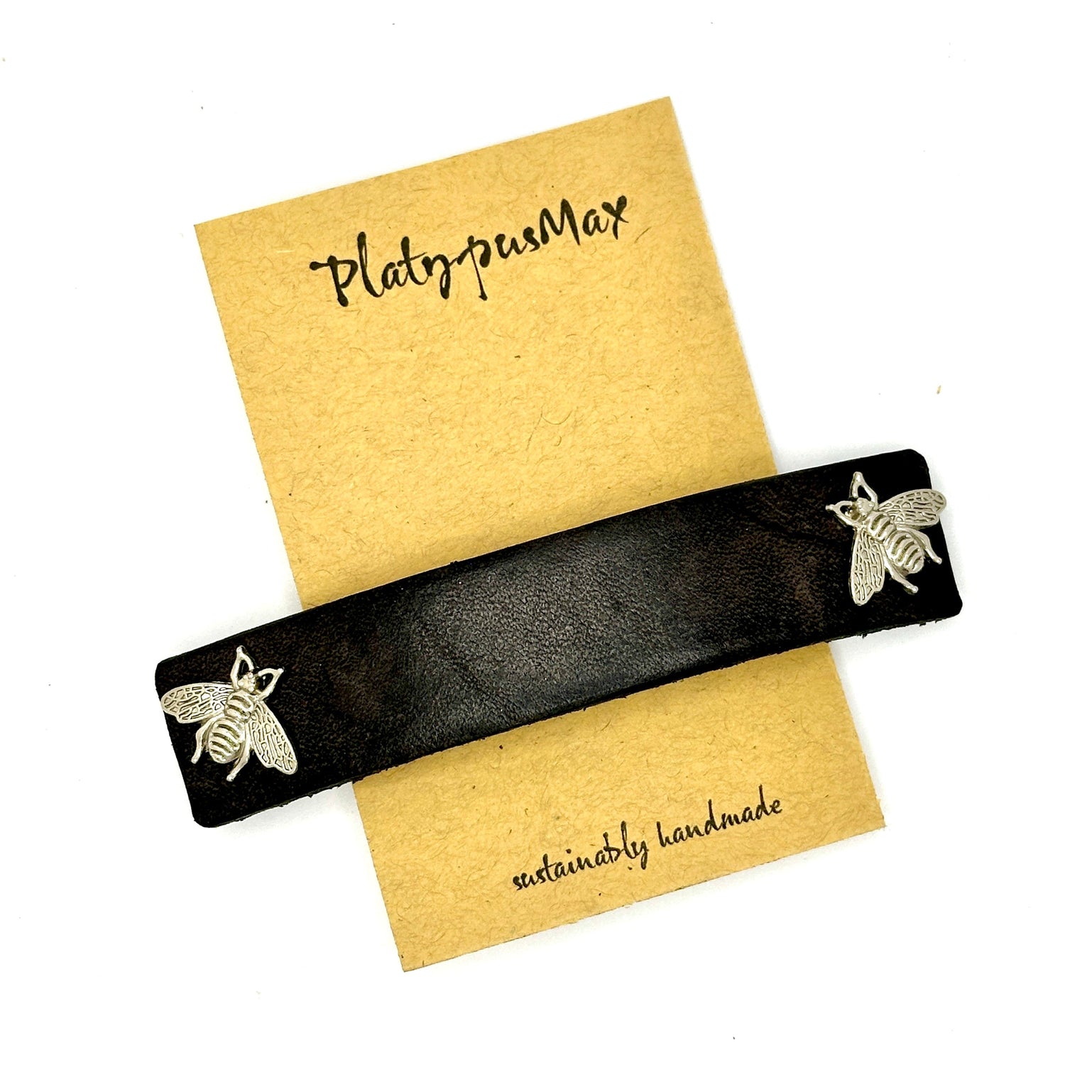 Silver Bees &amp; Black Leather Barrette-0