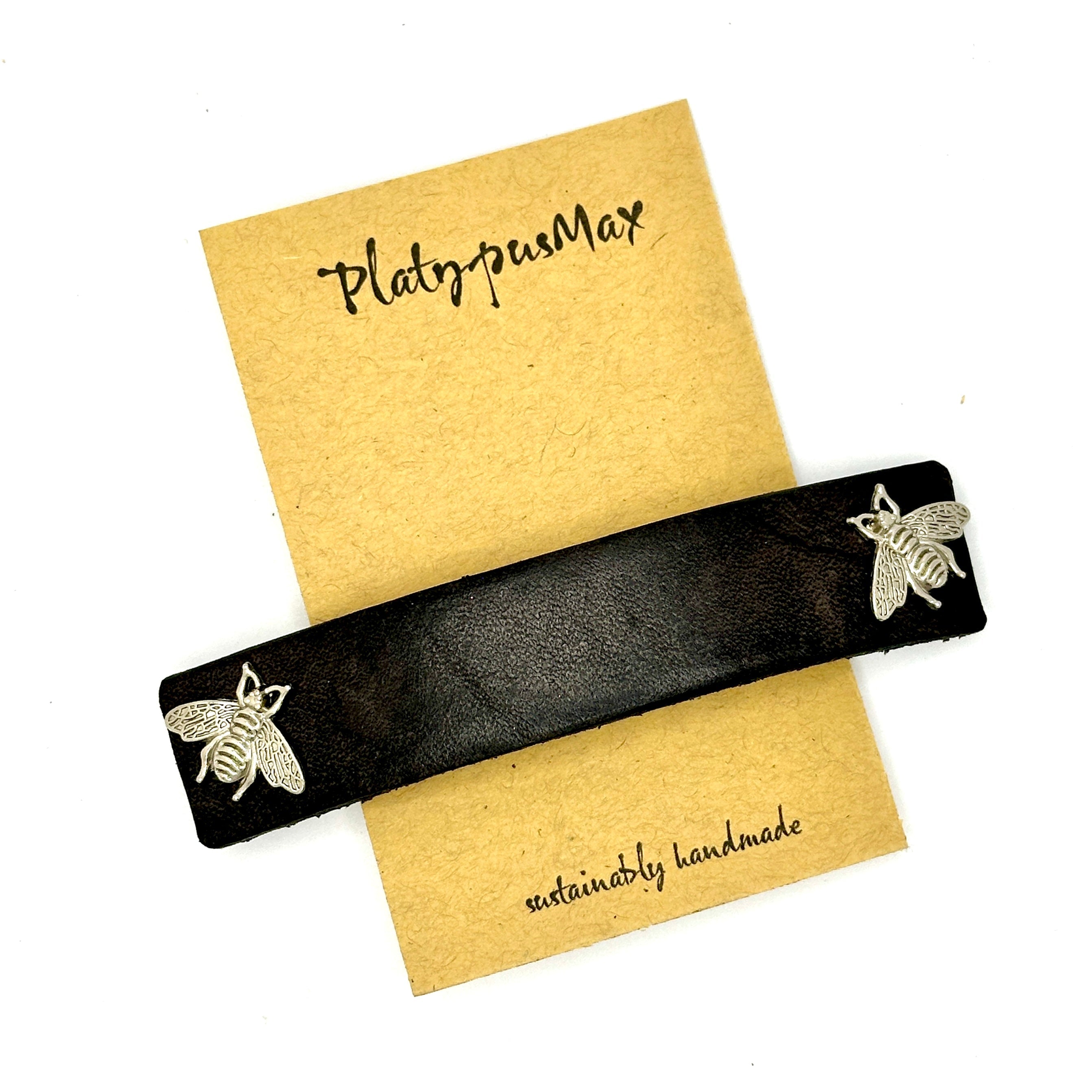 Silver Bees &amp; Black Leather Barrette-0