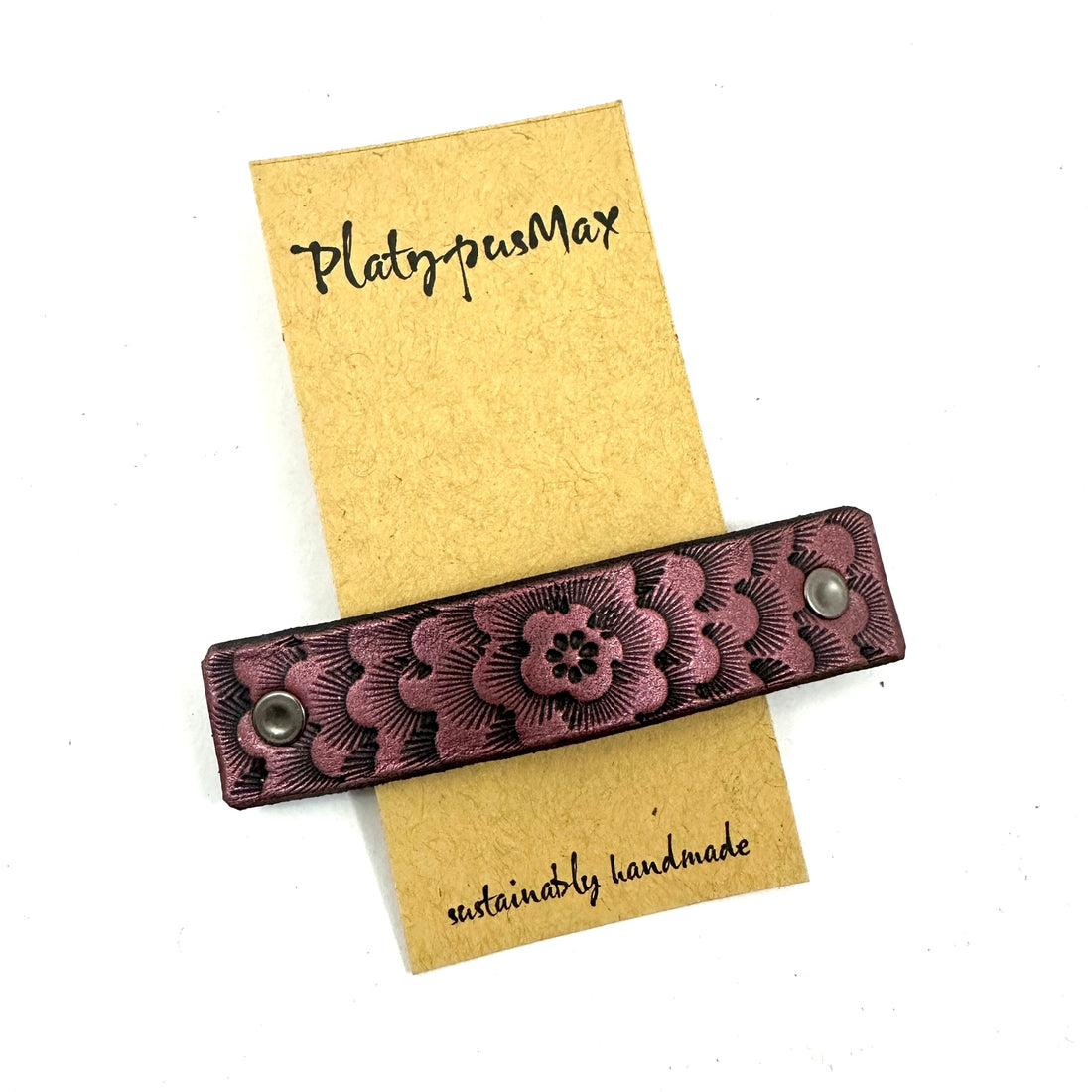 Pink &amp; Black Chrysanthemum Flower Tooled Leather Hair Barrette-0