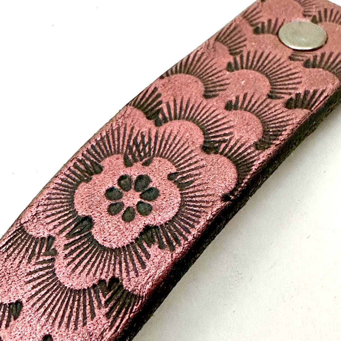 Pink &amp; Black Chrysanthemum Flower Tooled Leather Hair Barrette-1