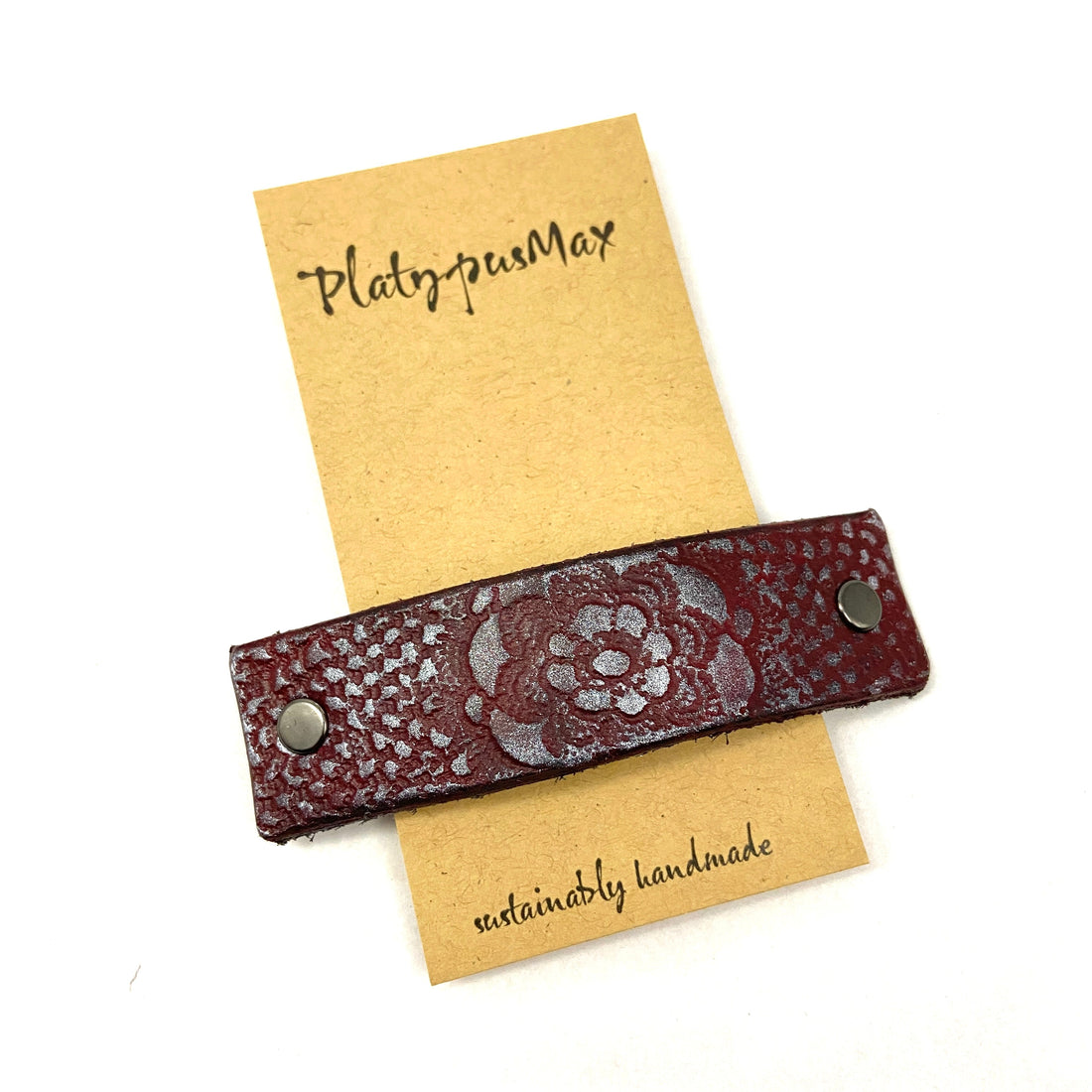 Red and Pewter Rose Flower Leather Hair Barrette-0