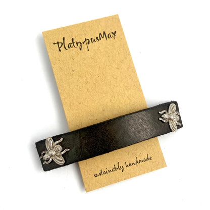 Silver Bees &amp; Black Leather Barrette-1