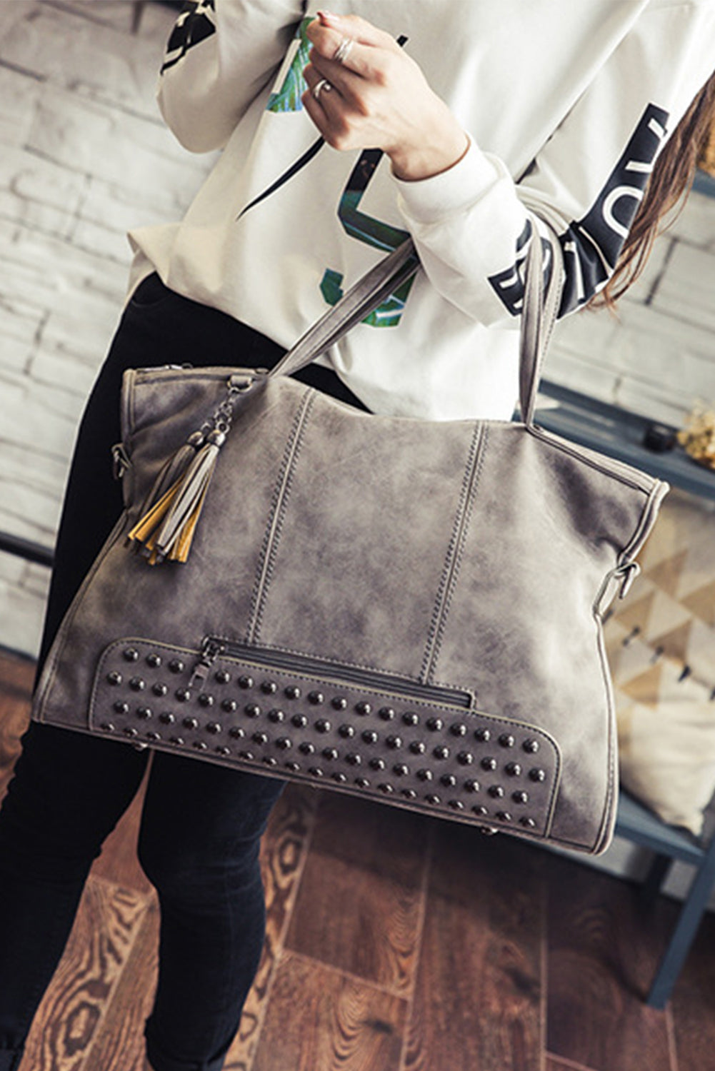 Gray Vintage Studded Handbag | Tote Bag - HartCentered