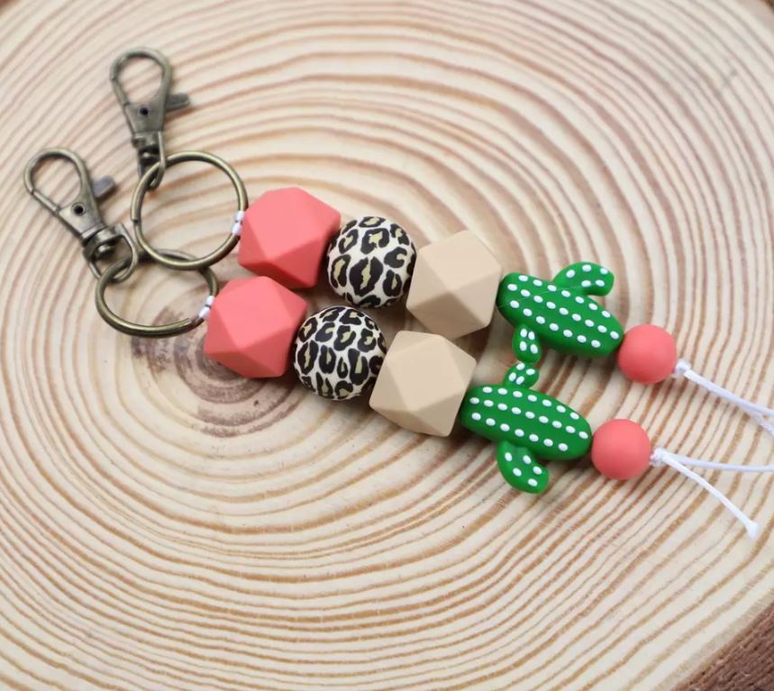 Silicone Bead Keychain - Coral, Cactus, and Leopard Print-0