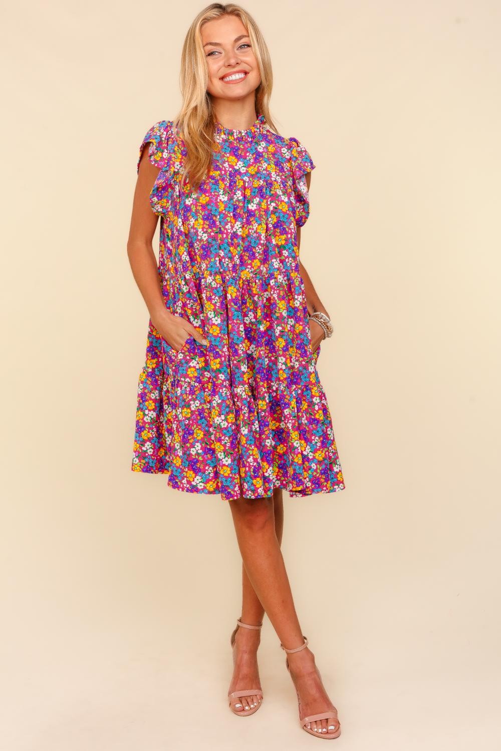 Haptics Frilled Mock Neck Ditsy Floral Dress-3