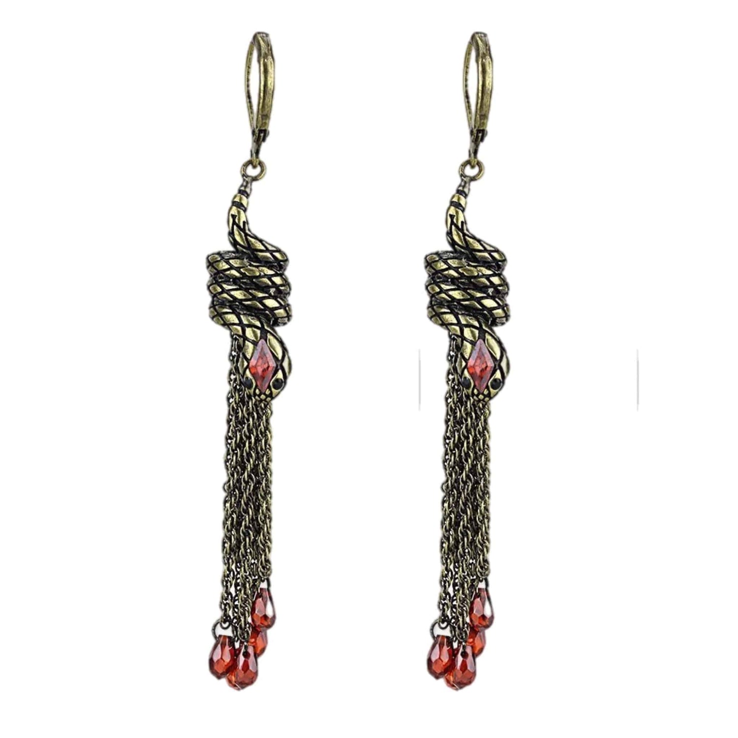 Snake Dangle Earrings | Antique Copper Brass &amp; CZ in Garnet