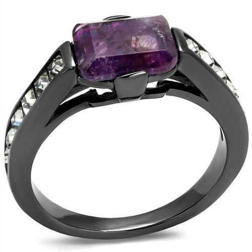 Amethyst Ring | Light Black Stainless Steel with Precious Stone