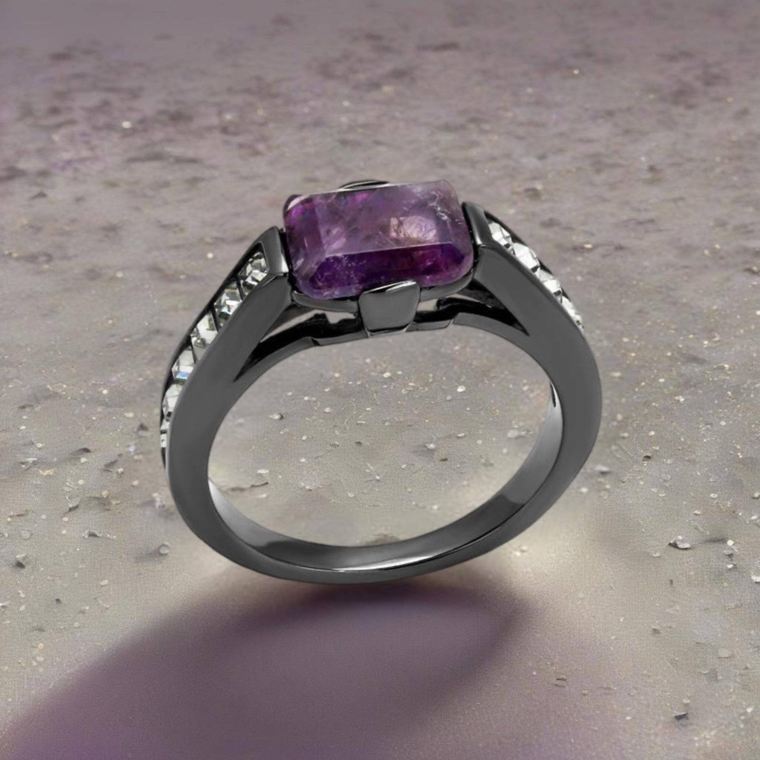 Amethyst Ring | Light Black Stainless Steel with Precious Stone