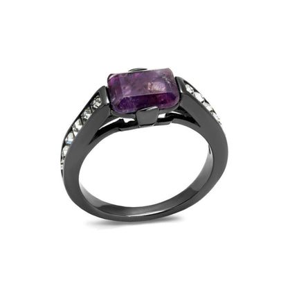 Amethyst Ring | Light Black Stainless Steel with Precious Stone