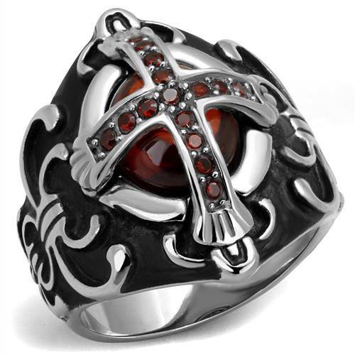 Cross Ring | Stainless Steel &amp;  CZ in Garnet