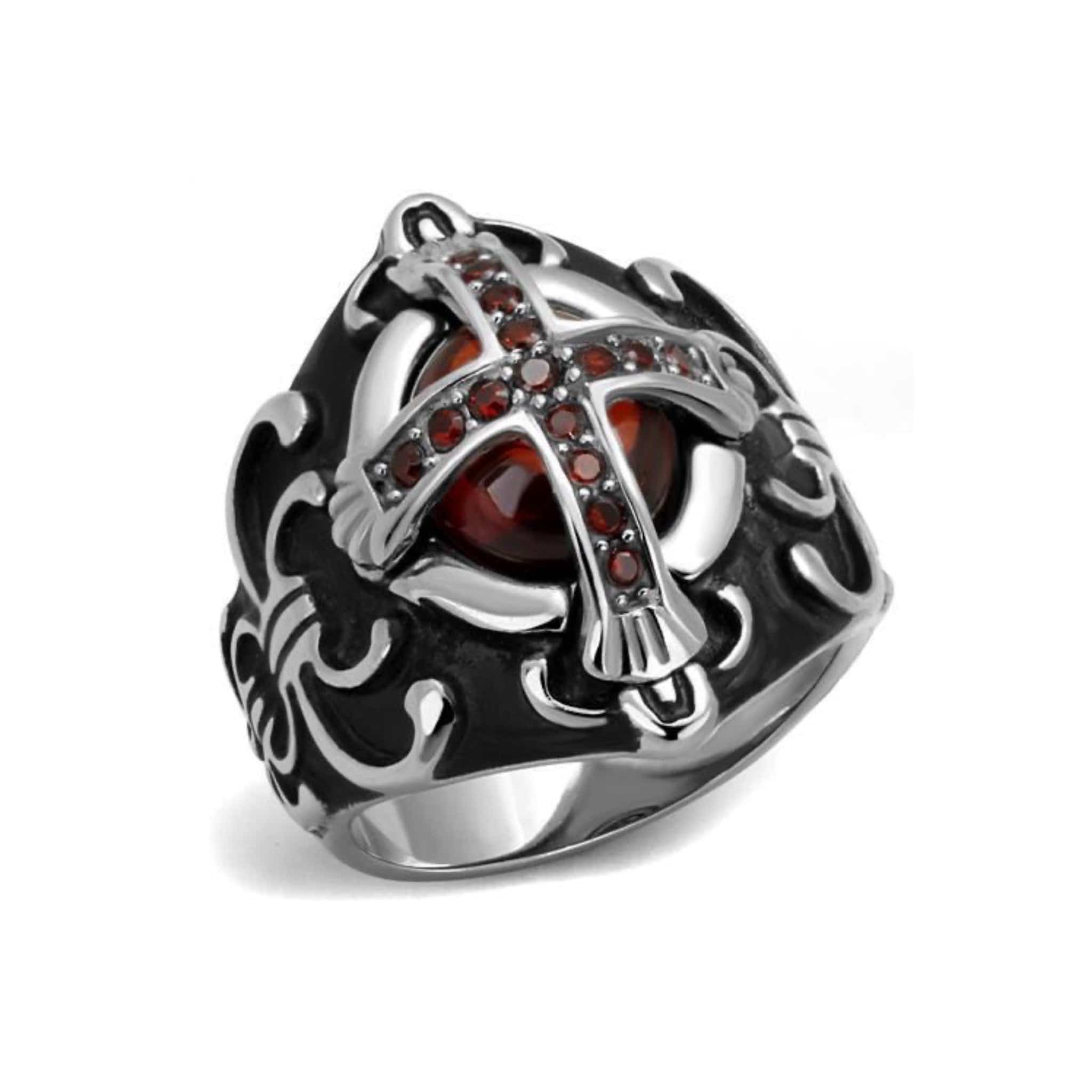 Cross Ring | Stainless Steel &amp;  CZ in Garnet