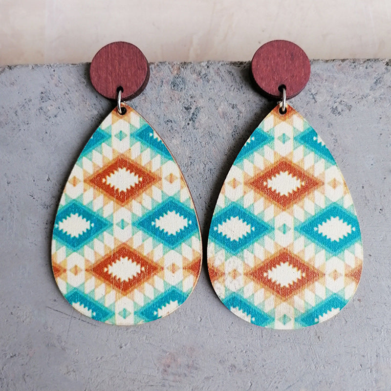 Wood Geometric Print Teardrop Earrings-0