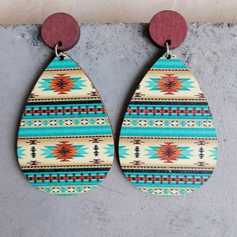 Wood Aztec Print Teardrop Earrings-0