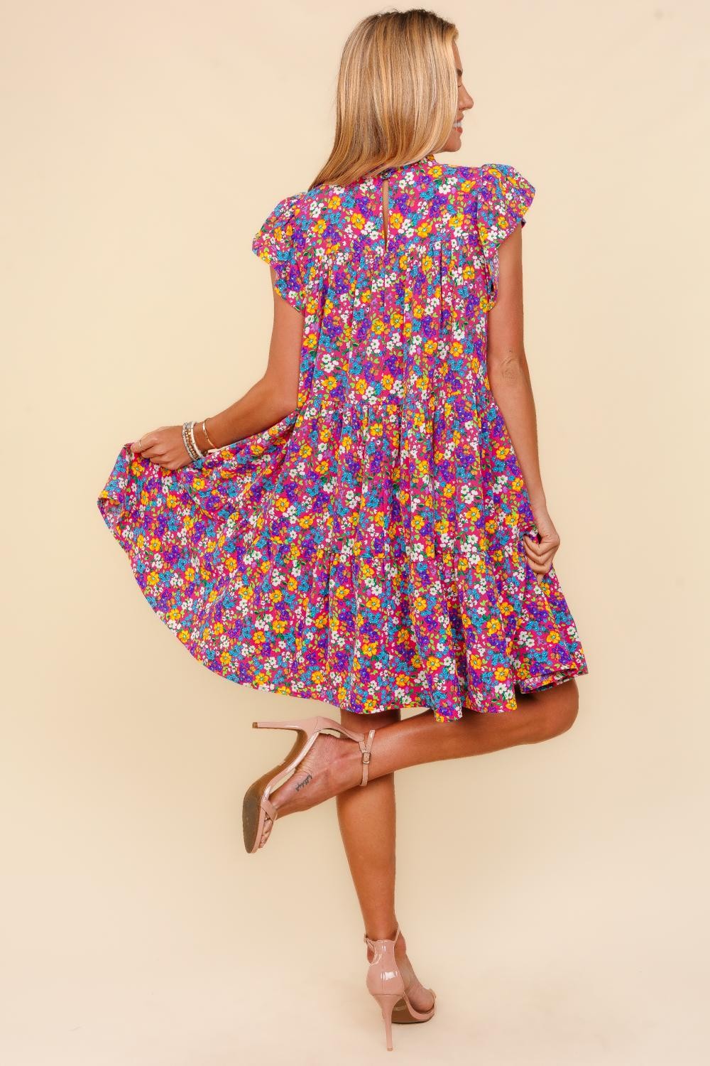 Haptics Frilled Mock Neck Ditsy Floral Dress-1