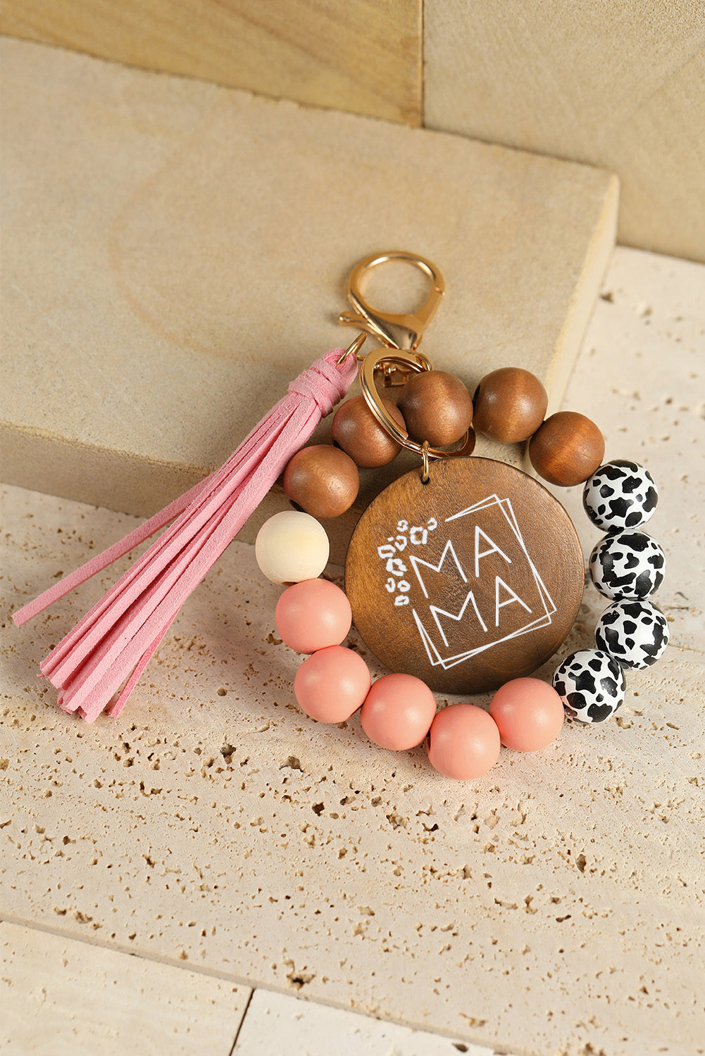 MAMA Wood Pendant Leopard Fringe Keychain-2