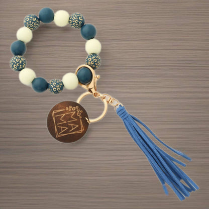 Blue &amp; Leopard Mama Wood Bead Tassel | Bracelet Keychain