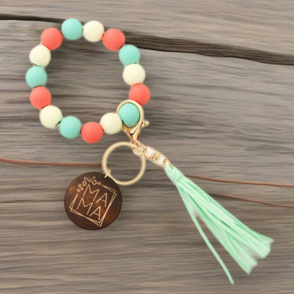 Coral and Mint Mama Wood Bead Tassel | Bracelet Keychain