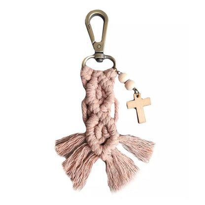 Macramé Tassel Keychain | Wood Beads and Cross