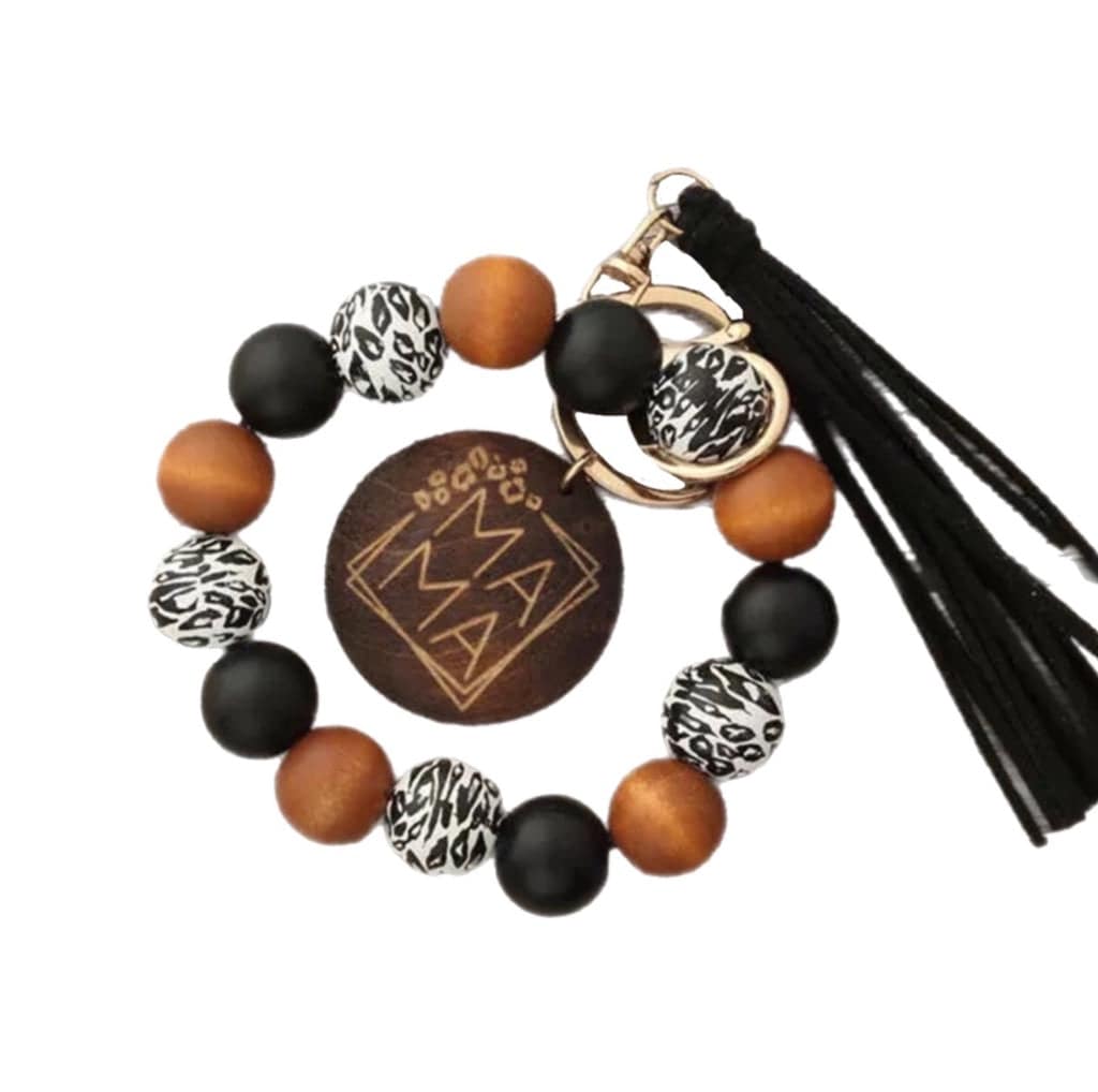 Mama Wood Bead &amp; Leopard Tassel | Bracelet Keychain