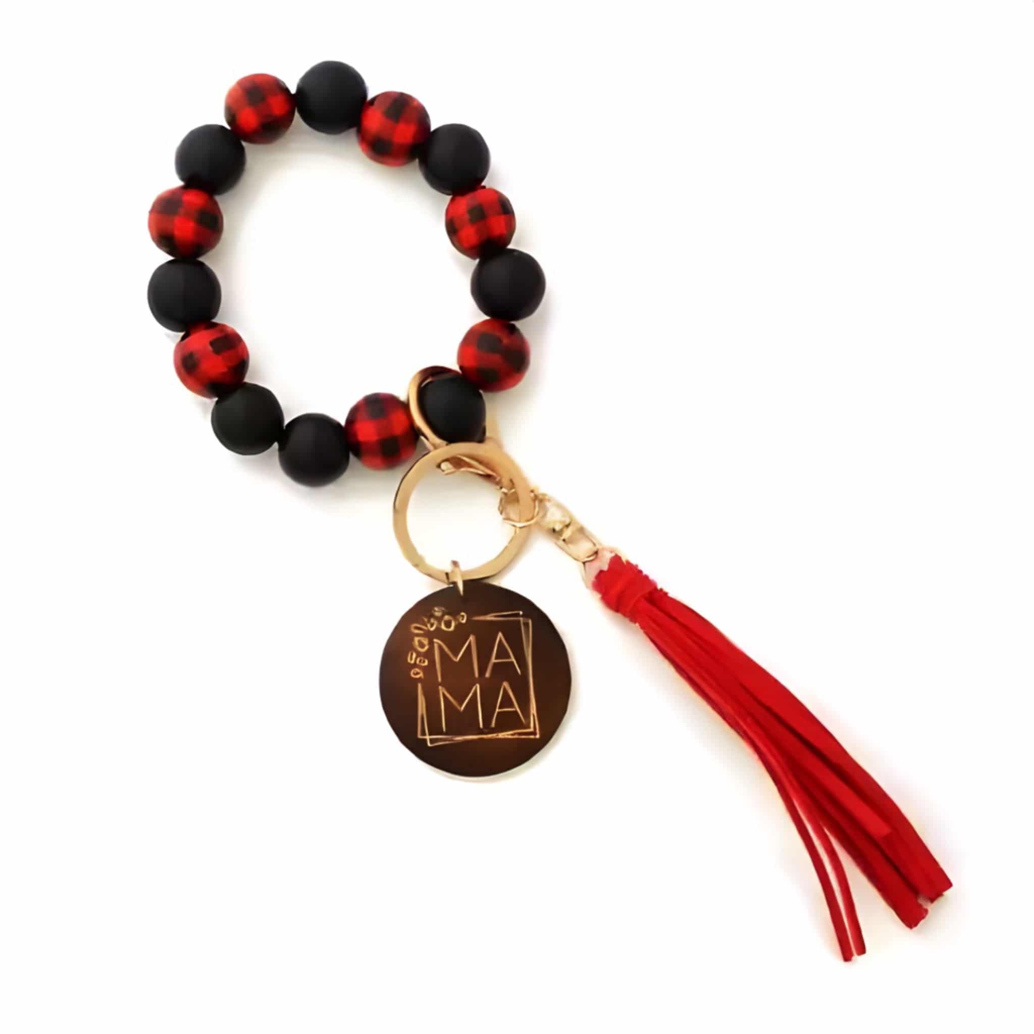 Red Buffalo Plaid Mama Wood Bead Tassel | Bracelet Keychain