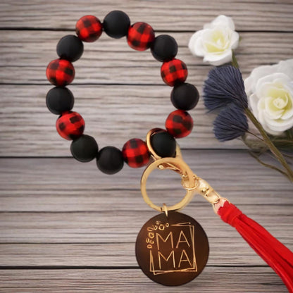 Red Buffalo Plaid Mama Wood Bead Tassel | Bracelet Keychain