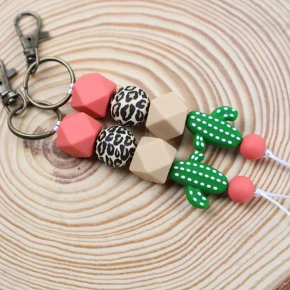 Stacked Cactus, Coral &amp; Leopard Print | Silicone Bead Keychain