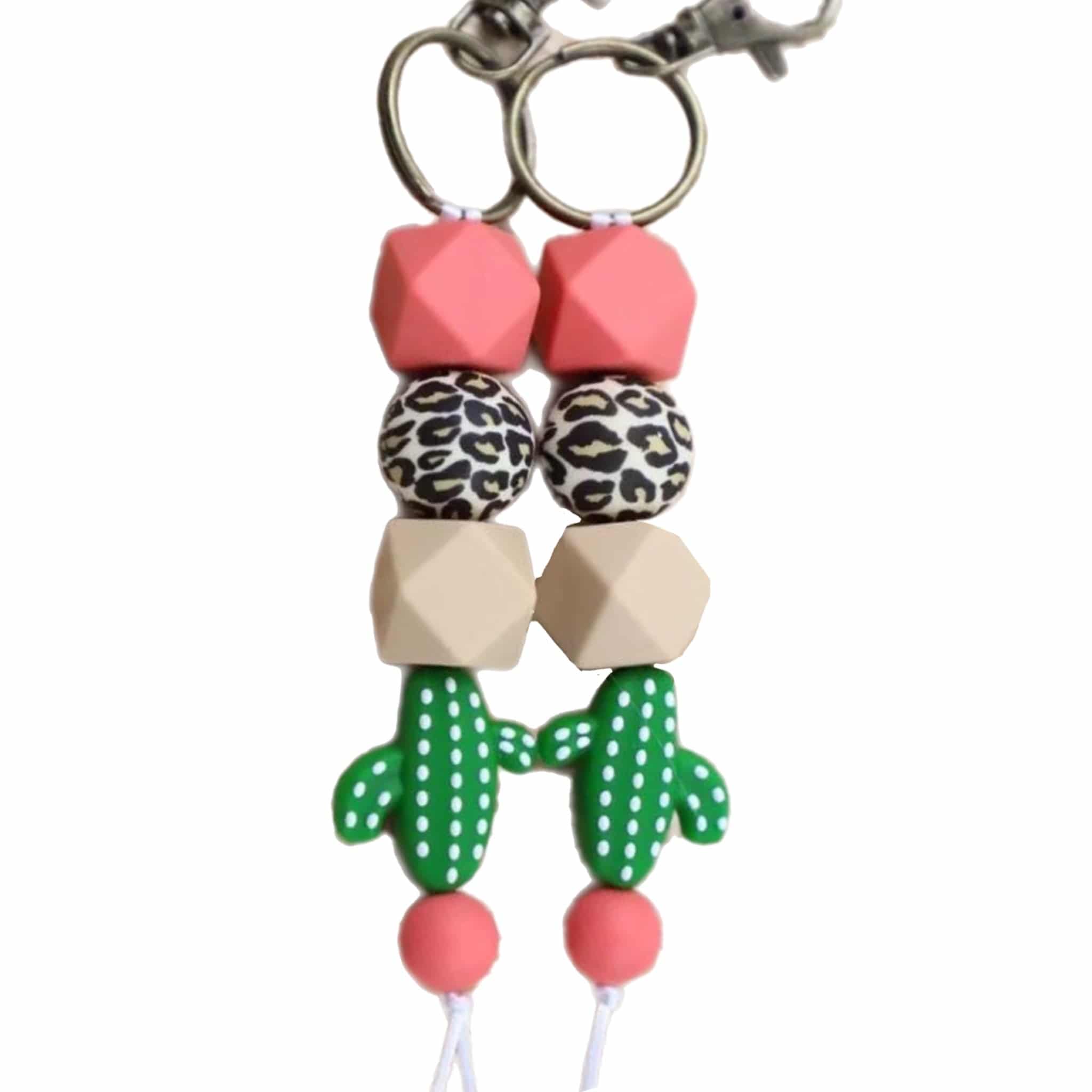 Stacked Cactus, Coral &amp; Leopard Print | Silicone Bead Keychain