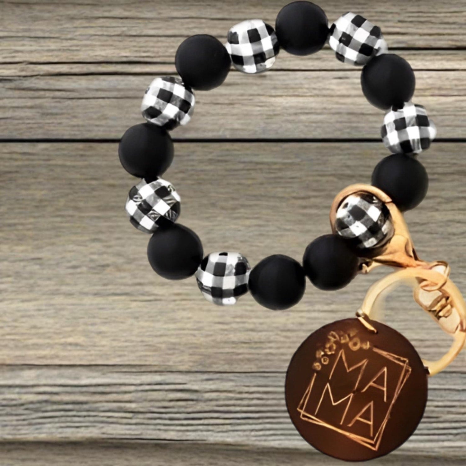 White Buffalo Plaid Mama Wood Bead Tassel | Bracelet Keychain