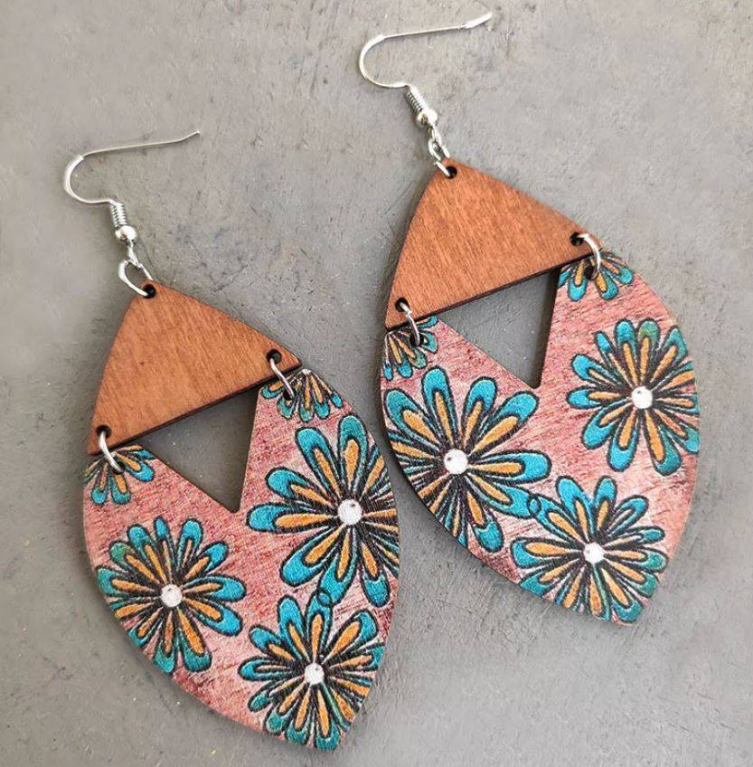 Boho Wood Earrings -  Funky Floral Pattern