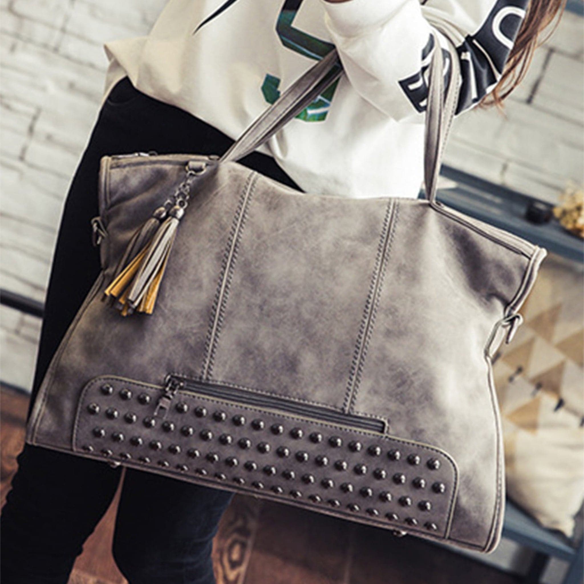 Gray Vintage Studded Handbag | Tote Bag