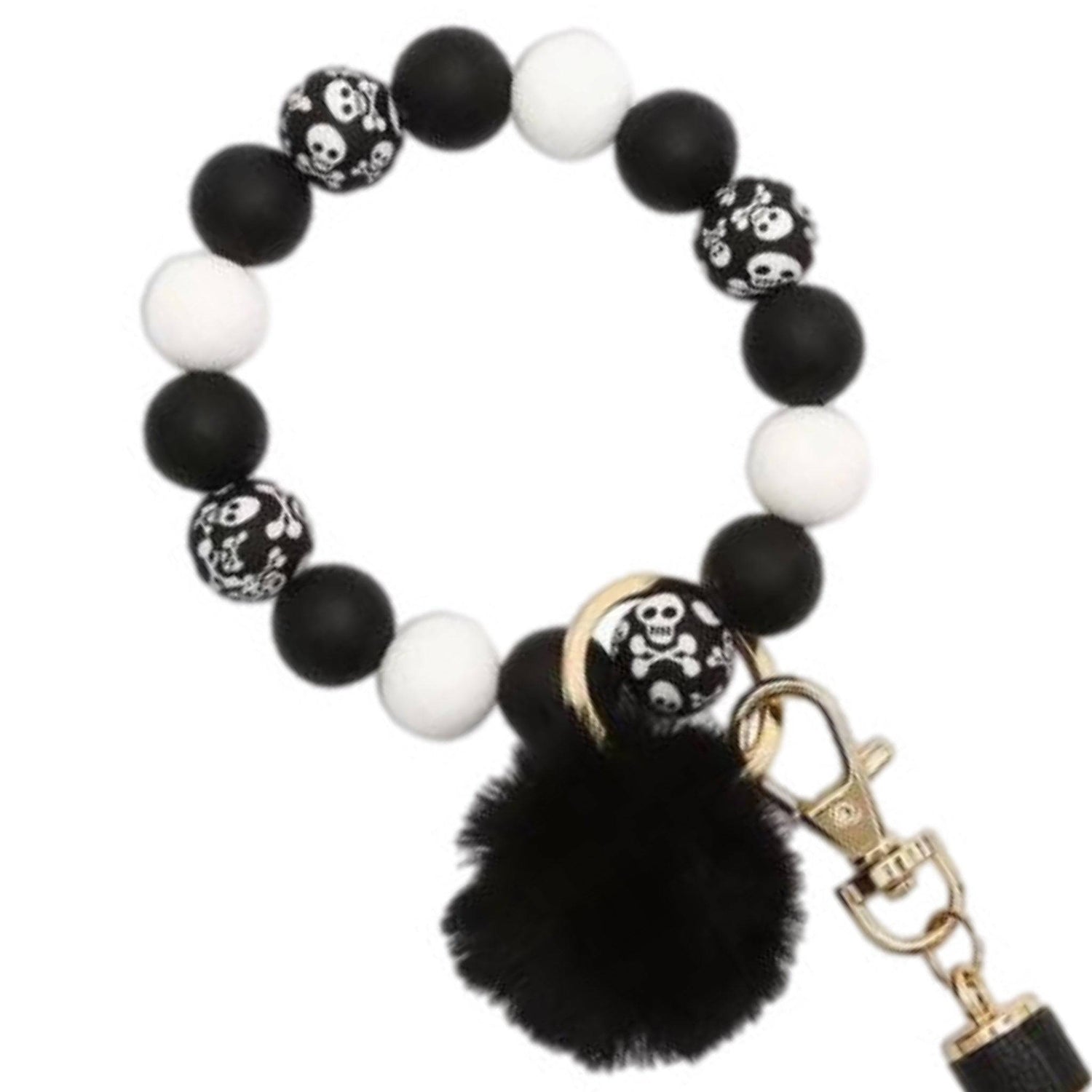 Skeleton Black &amp; White Silicone Bead Tassel / Pom Pom | Bracelet Keychain