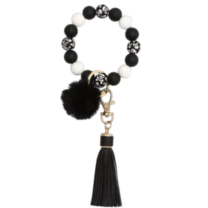 Skeleton Black &amp; White Silicone Bead Tassel / Pom Pom | Bracelet Keychain