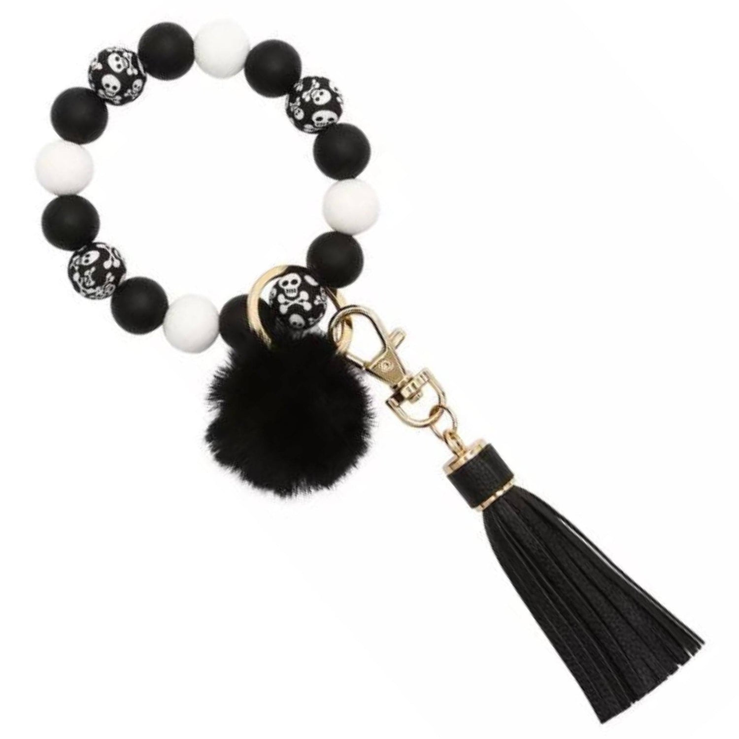 Skeleton Black &amp; White Silicone Bead Tassel / Pom Pom | Bracelet Keychain