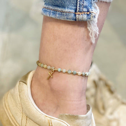 Crystal Beaded Cross Anklet | Gold-Plated Alloy Metal Ankle Bracelet with Semiprecious Stones