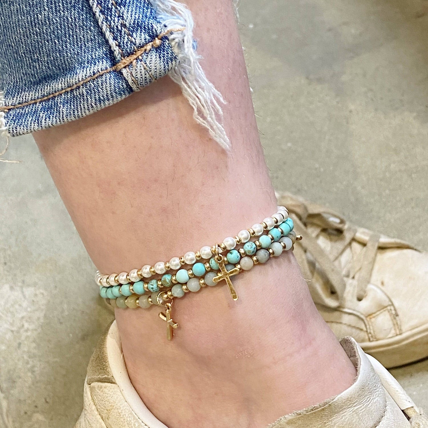 Crystal Beaded Cross Anklet | Gold-Plated Alloy Metal Ankle Bracelet with Semiprecious Stones