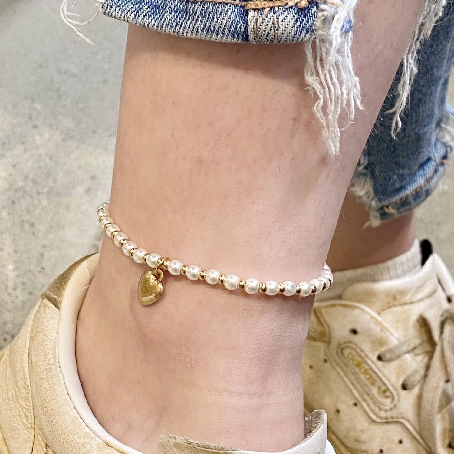 Crystal Beaded Heart Anklet | Gold-Plated Alloy Metal Ankle Bracelet