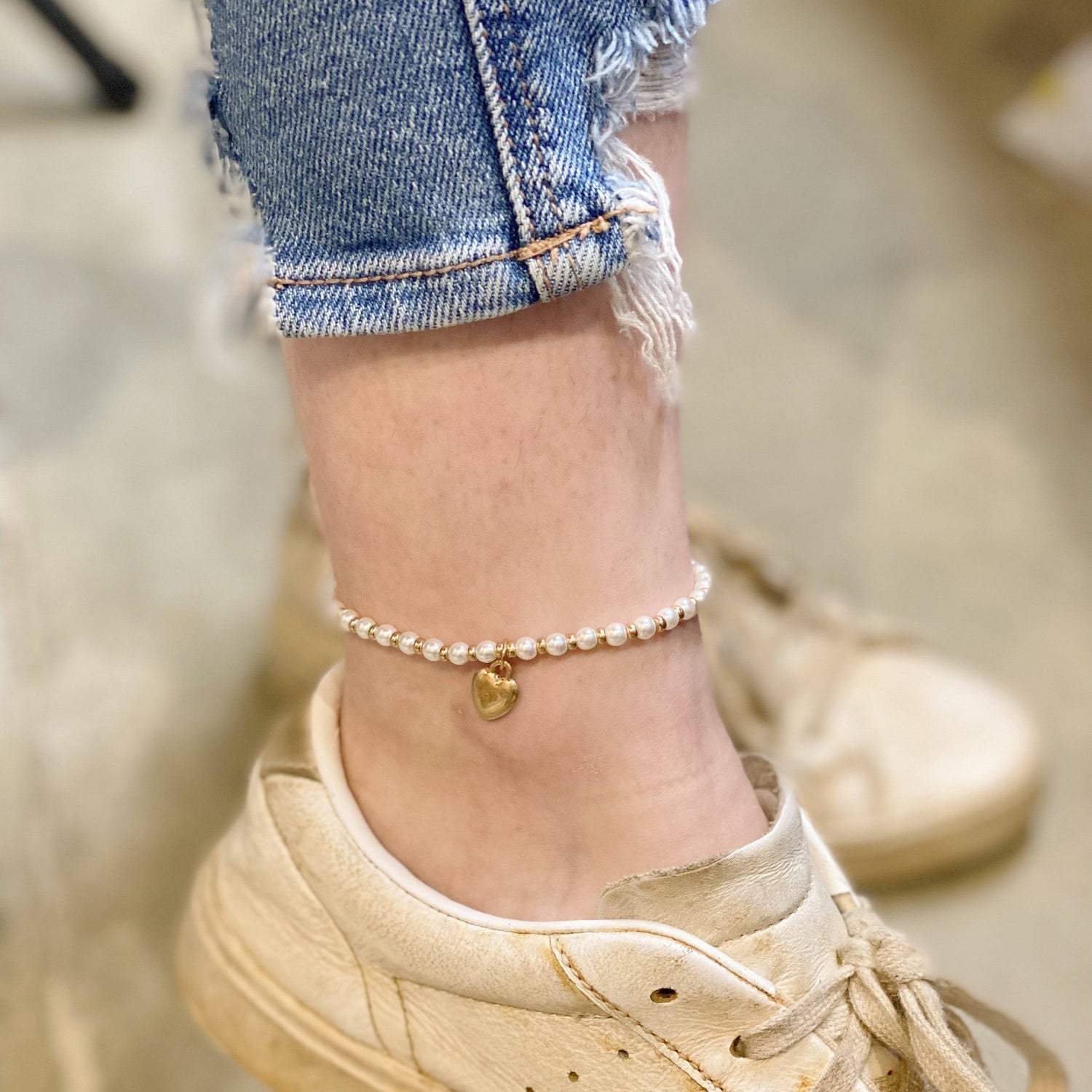 Crystal Beaded Heart Anklet | Gold-Plated Alloy Metal Ankle Bracelet