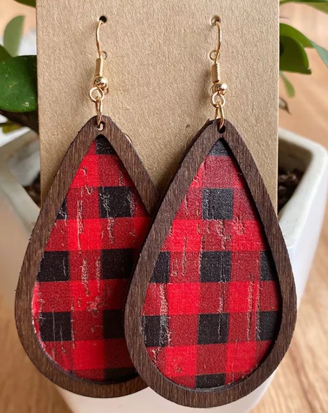 Red Buffalo Plaid Teardrop Wood Earrings-0