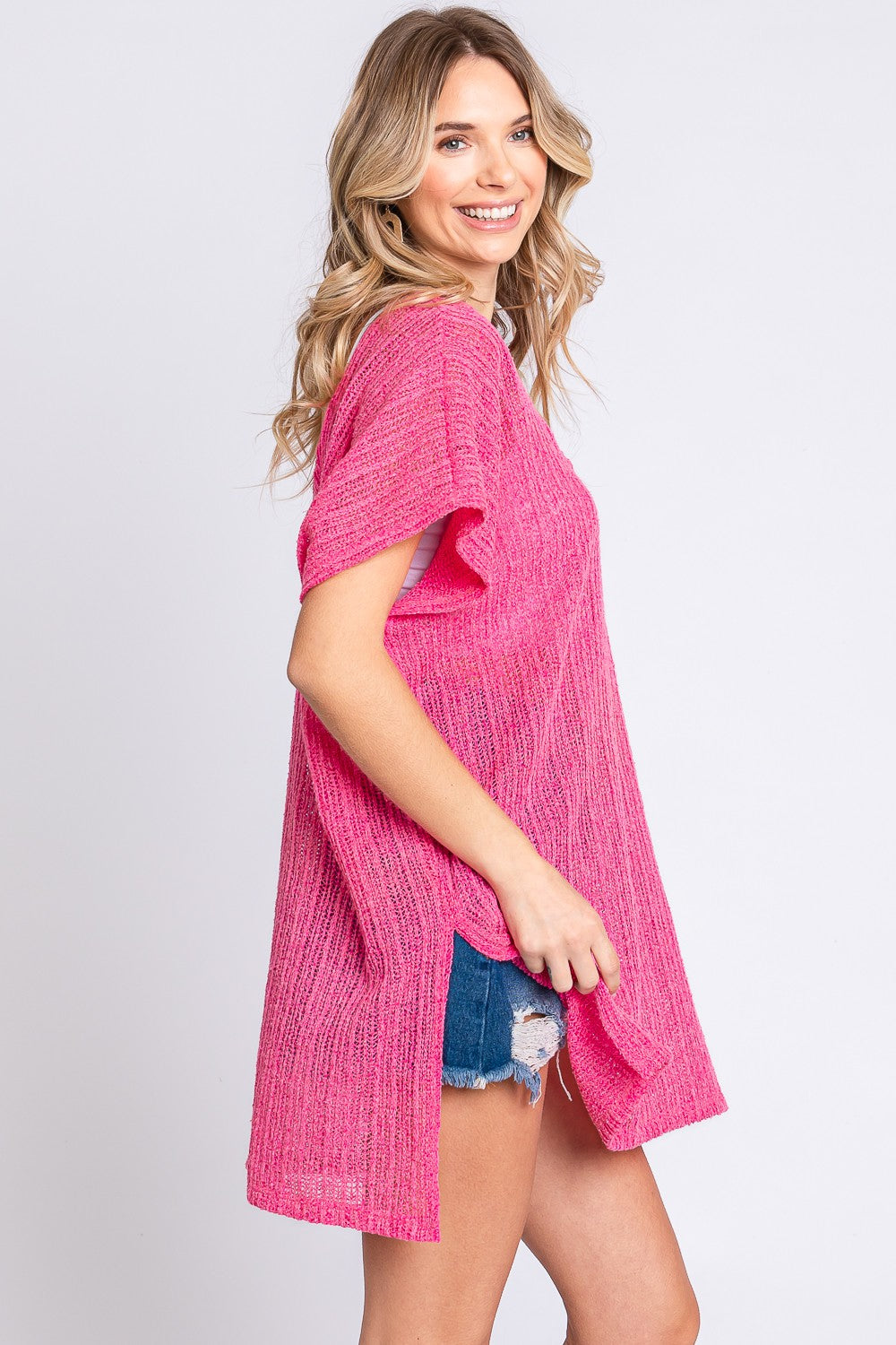 GeeGee Short Sleeve Side Slit Knit Cover Up Dress-2